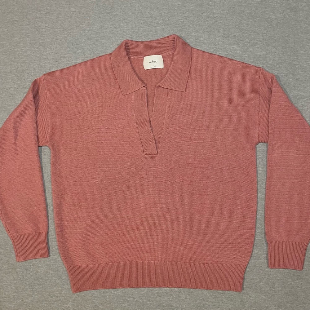 Aritzia Wilfred Cara Merino Wool Polo Sweater Dusty Rose Size Small